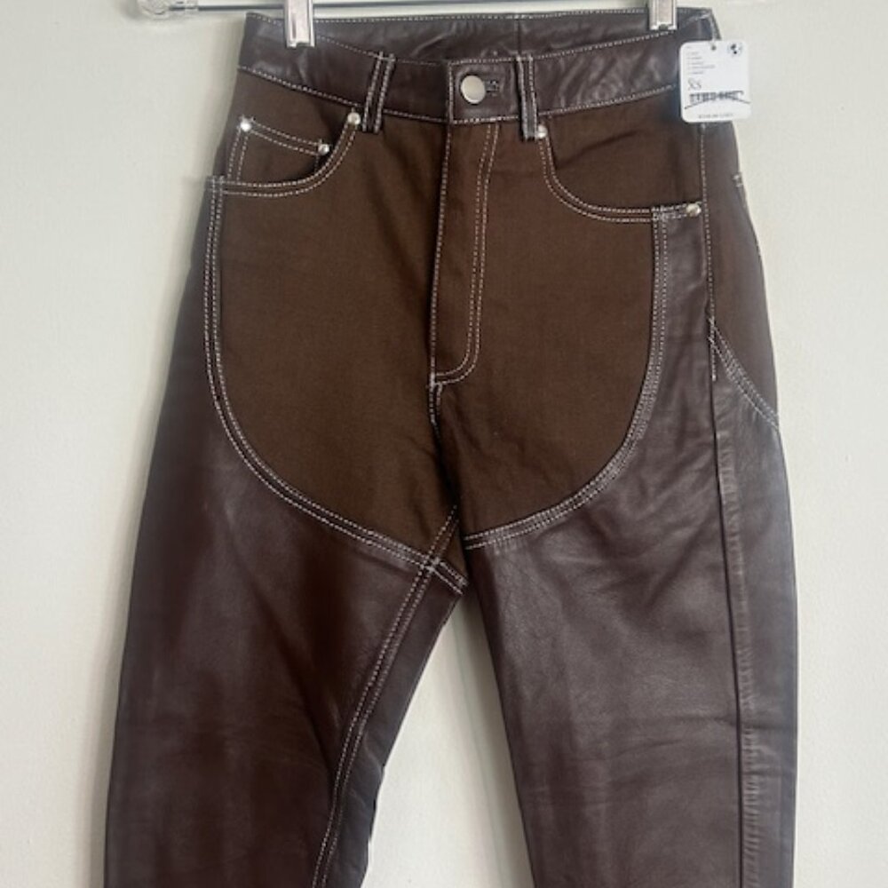 Free People Understated Leather Chocolate Brown Leather Cotton Chap Jeans NWT